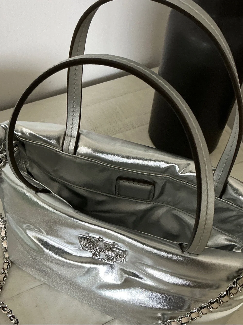 Tory Burch Britten Metallic Silver Puffy Mini Tote with Chain Strap
